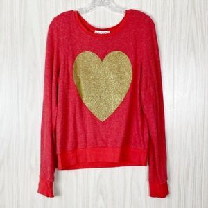 Wildfox | Gold Glitter Heart Red Pullover Jumper Size Small
